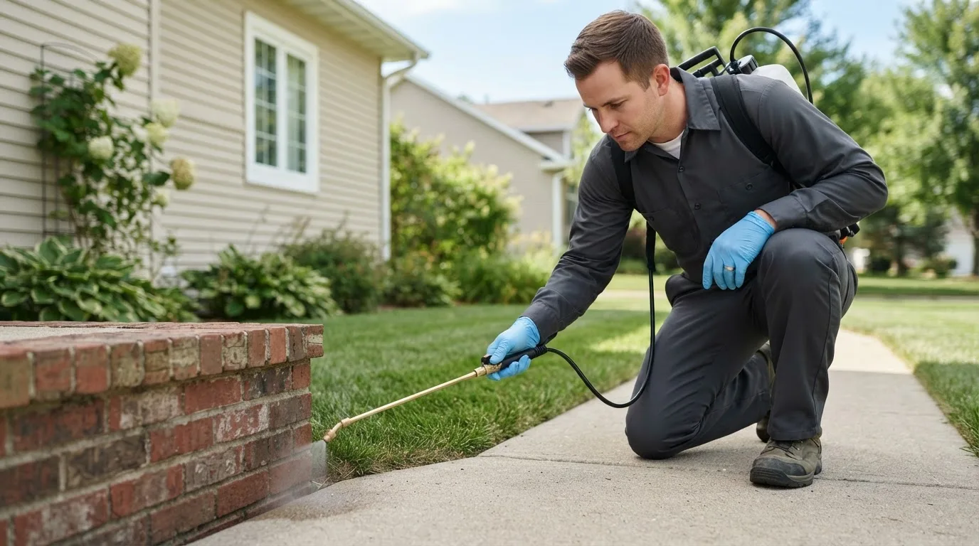 Pest control technician treating a home near West Wardsboro, VT